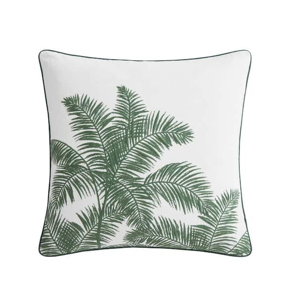 Shaded Palms 1-Piece White/Dark Green Cotton Canvas Percale 20 in. x 20 in. Decorative Throw Pillow