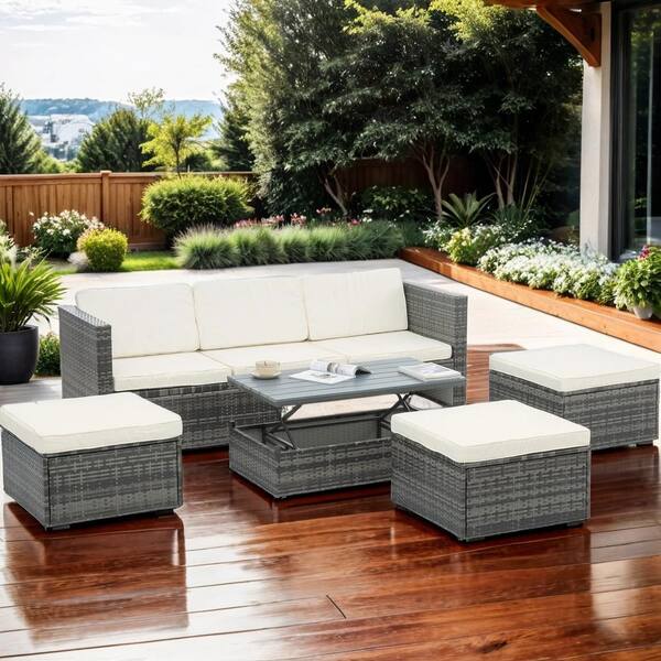 Unbranded 5-Piece Wicker Outdoor Conversation Sofa Set with Lift Top Coffee Table and Beige Cushion