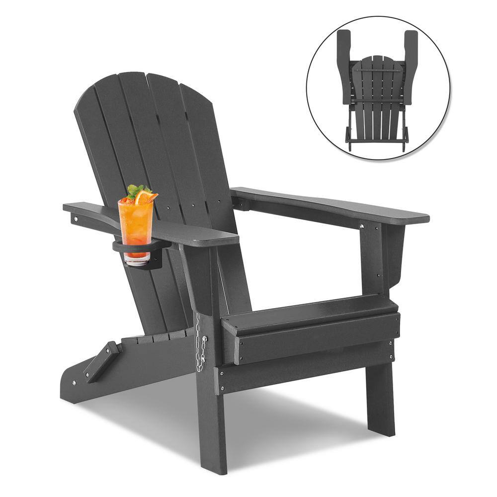 JUSKYS Gray Folding Composite Outdoor Patio Adirondack Chair With Cup   Composite Adirondack Chairs Tlgy1005 64 1000 