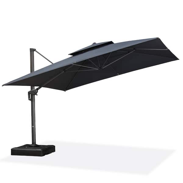 PURPLE LEAF 12 ft. Square 2-Tier Aluminum Cantilever 360° Rotation Patio Umbrella with Base in Ground, Dark Gray
