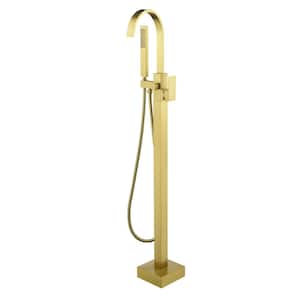 Kafir High Arc Swivel Spout Singe-Handle Floor Mount Freestanding Tub Faucet with Hand Shower in Brushed Gold