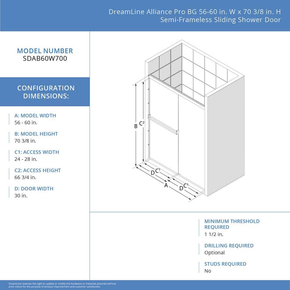 Alliance Pro 60" Brushed Nickel Semi-Frameless Sliding Shower Door