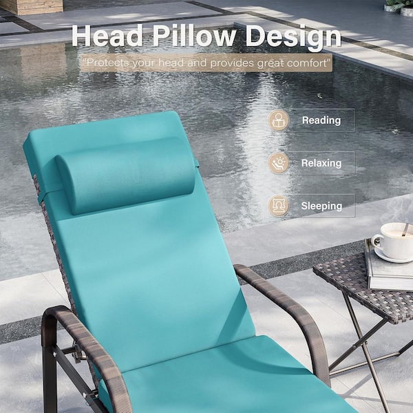 3-Piece Wicker Outdoor Folding Chaise Lounge with Table, Armrest and Cushion Blue