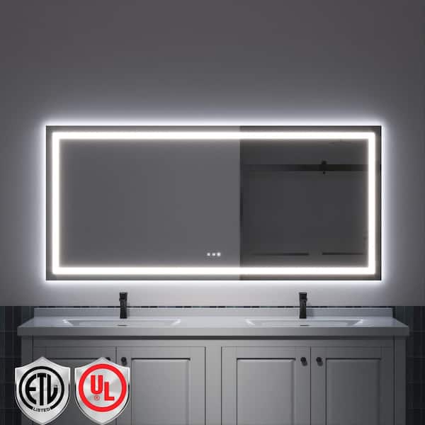 78 in. W x 36 in. H Rectangular Frameless LED Light Anti-Fog Bathroom Wall Mirror with Backlit and Front Light