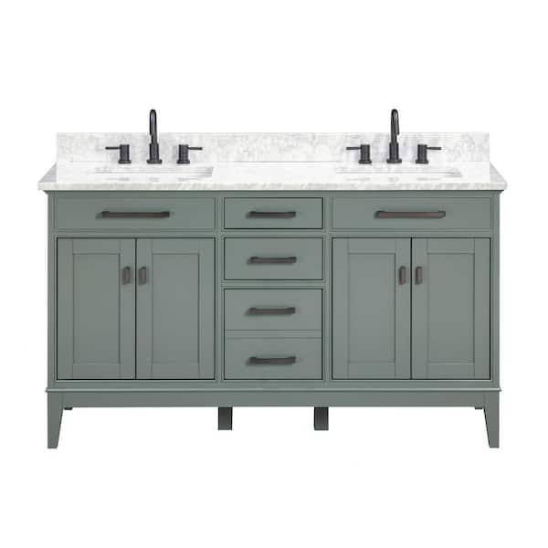 Madison 61 in. Double Sink Smoke Green Bath Vanity with Carrara White Marble Top