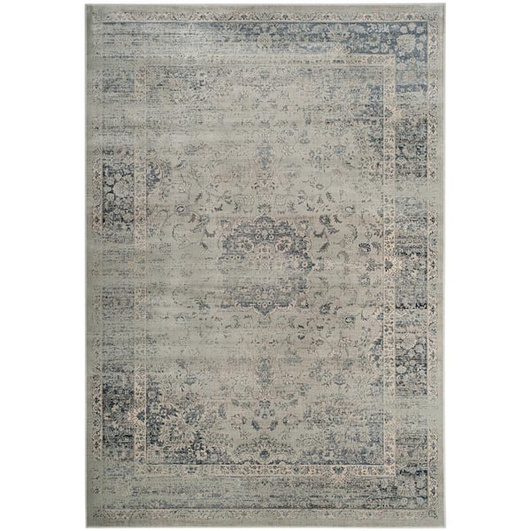Vintage 7 ft. x 9 ft. Light Blue Distressed Floral Border Area Rug