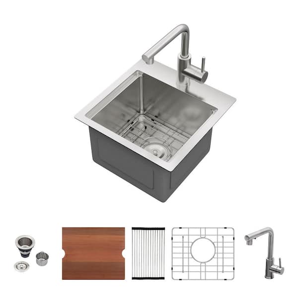 15 in. x 15 in. Drop-In Single Bowl 16 Gauge Stainless Steel Topmount Workstation Kitchen/Bar Sink with Pull Down Faucet