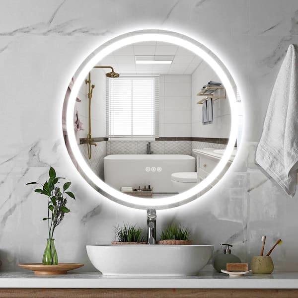 Elevatehome 32 in. W x 32 in. H Round Frameless Anti-Fog Dimmable 3CCT LED Light Modern Wall Bathroom Vanity Mirror