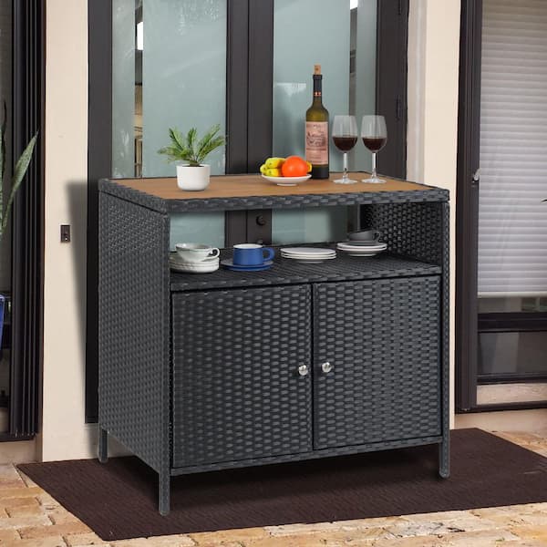 Black PE Rattan Wicker Metal Patio Outdoor Bar with 2 Doors, Brown Toptable, Storage Cabinet for Poolside and Backyard