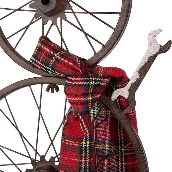 Glitzhome 33.98 in. H Metal Bike Wheel Snowman with Plaid Scarf
