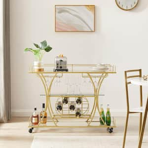 4-Bottle Gold 3-Glass Shelves Serving Trolley Bar Cart with Durable Metal Frame Wine Rack Hotel Dining Room Restaurant