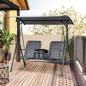 2-Person Metal Outdoor Patio Swing with Pivot Storage Table, Cup Holder, Adjustable Shade, Bungie Seat Suspension