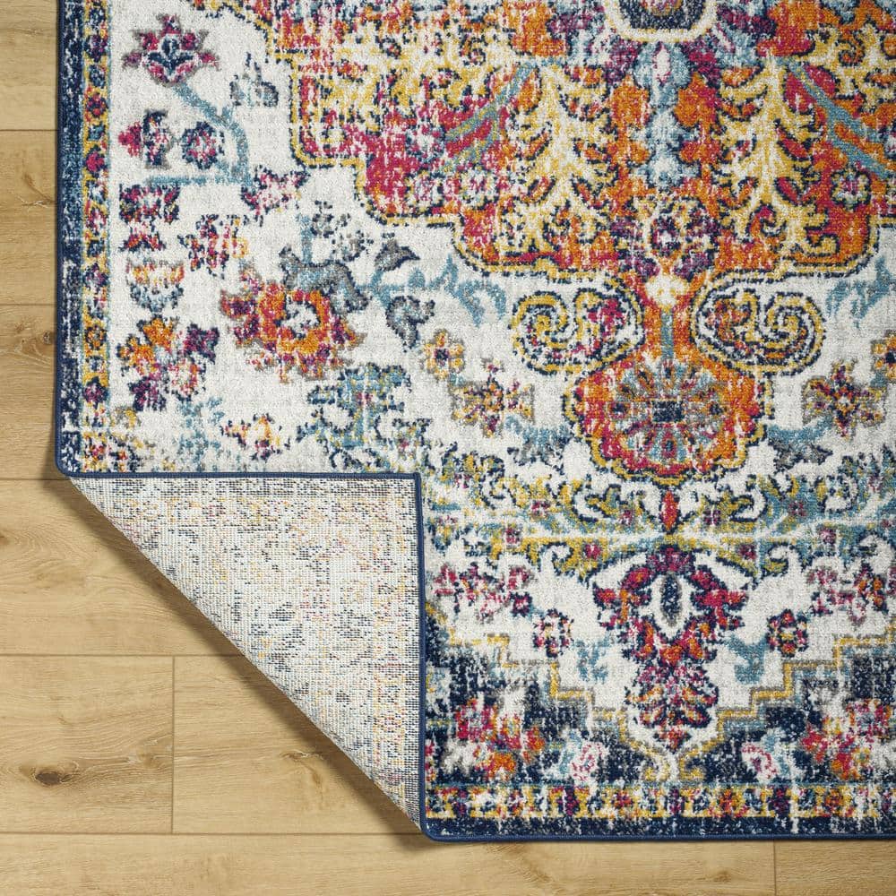 Orange and Navy Synthetic 4' x 6' Vintage Medallion Area Rug