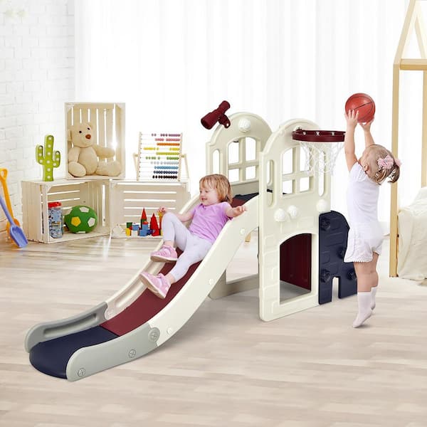 6-In-1 Large Blue 6.25 ft. Slide for Kids Toddler Climber Slide Playset w/Basketball Hoop