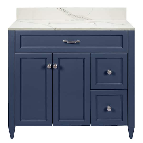 Ella Vail 37 in. W x 22 in. D x 36 in. H Bath Vanity in Navy Blue with Quartz Stone Calacatta White Top with White Basin