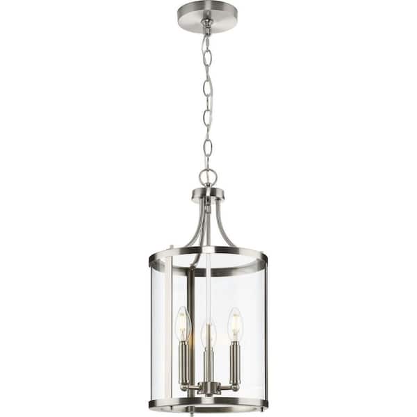 Progress Lighting Gilliam 3-Light Brushed Nickel Farmhouse Clear Glass Cylinder Medium Hanging Pendant Light
