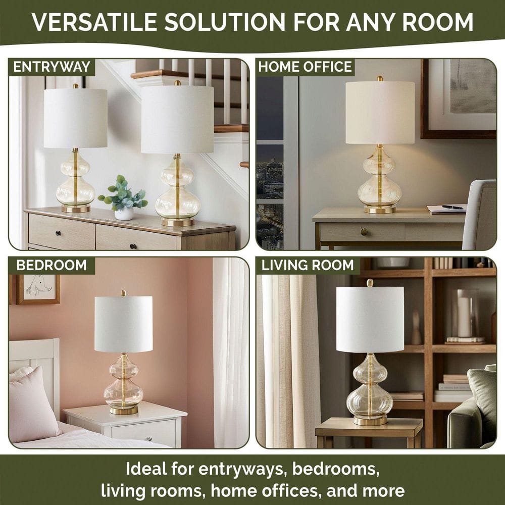 Gray Glass Table Lamp Set with White Drum Shade