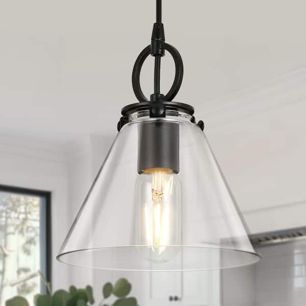 Jasslynn 60-Watts 1-Light Black Pendant Light with Clear Cone Glass Shade, 9.05 in. Hanging Light Dining Room, Kitchen