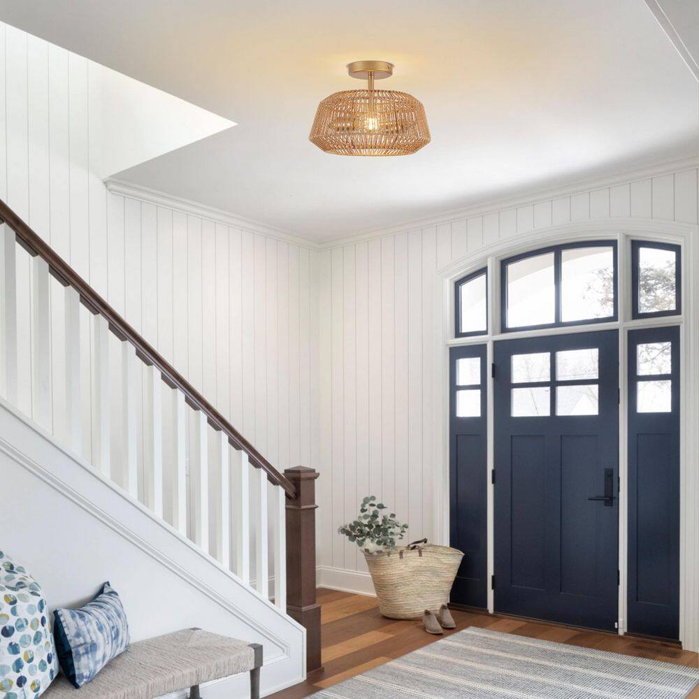 12 in.Modern Yellow 2-Light Semi-Flush Mount Ceiling Light with Handwoven Rope Drum Shade for Bedroom, Hallway,Entryway price history on PriceWatchPro