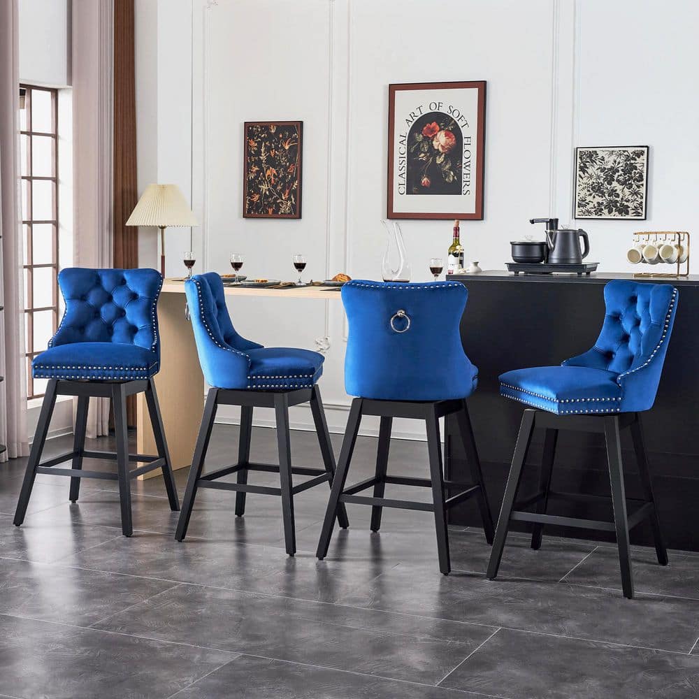 Blue Velvet Upholstered Swivel Counter Height Stools with Black Wood Legs, Set of 4