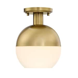 Linden 8 in. 1-Light Brushed Gold Mid-Century Modern Semi Flush Mount with Etched Opal Glass Shade for Bedrooms