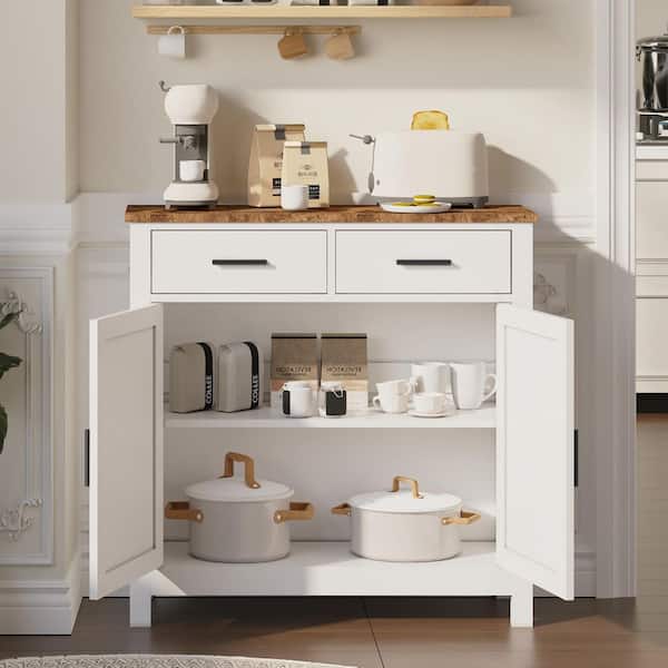WarmieHomy 31.5 in. W Pantry Organizer Farmhouse Kitchen Storage Cabinet in White with 2-Drawers and Doors