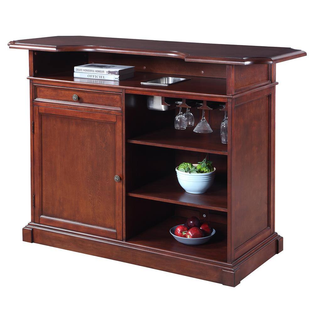 Mahogany Finish Poplar Wood Home Bar with Storage and Shelves