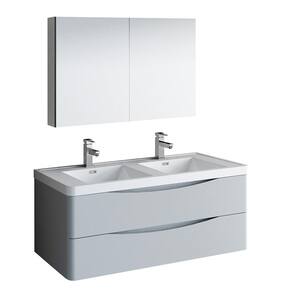 Tuscany 48 in. Modern Double Wall Hung Vanity in Glossy Gray w/ Vanity Top in White with White Basins, Medicine Cabinet