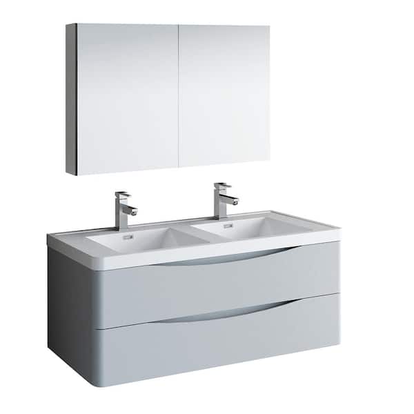 Fresca Tuscany 48 in. Modern Double Wall Hung Vanity in Glossy Gray w/ Vanity Top in White with White Basins, Medicine Cabinet