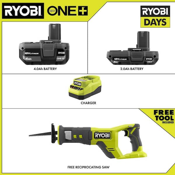ONE+ 18V Lithium-Ion Kit with 2.0 Ah and 4.0 Ah Batteries, Charger with FREE ONE+ 18V Cordless Reciprocating Saw