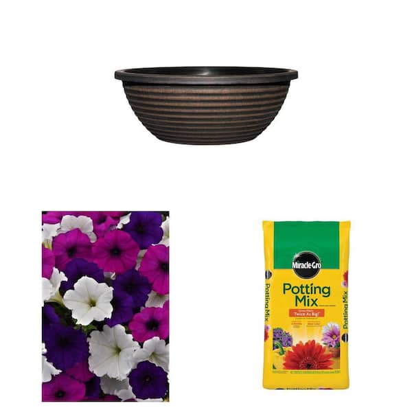 17 in. Antique Copper Santa Fe Bowl Planter, Easy Wave Petunia (4-Pack) and 50 qt. Potting Mix Combo