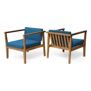 Newbury Teak Brown Removable Cushions Wood Outdoor Patio Lounge Chair with Dark Teal Cushions (2-Pack)