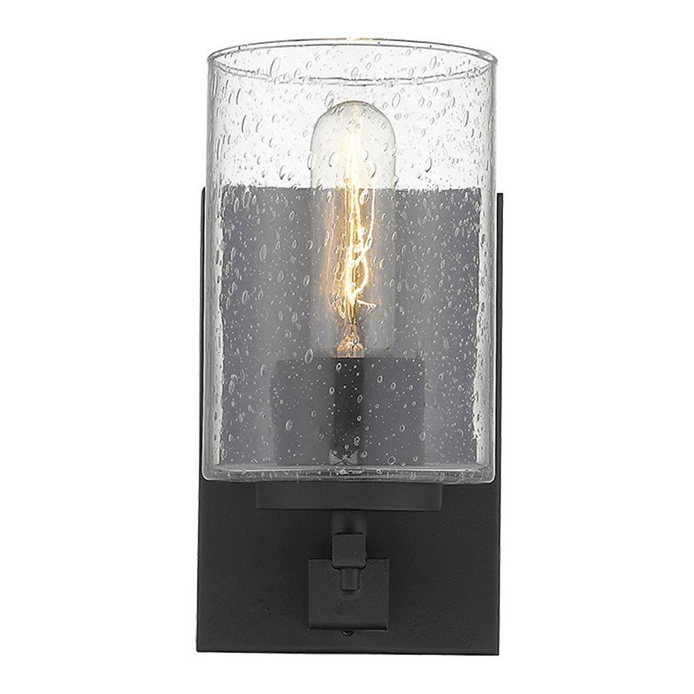 Orella Matte Black Steel Cylinder Sconce with Seedy Glass