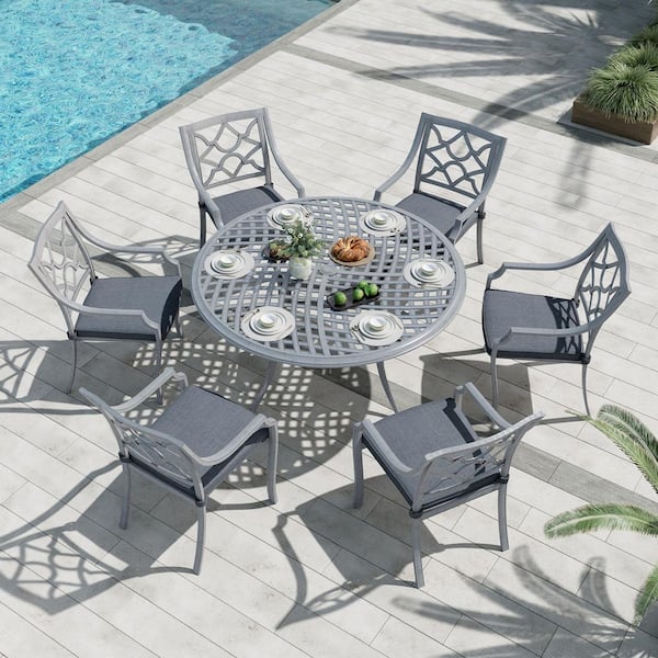 7-Piece Aluminum Outdoor Dining Set 53 in. Round Table with Gray Cushions and Umbrella hole