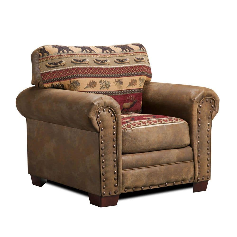 Sierra Lodge Rustic Oak Wood Accent Chair with Elk and Bear Tapestry