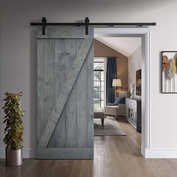 Z Series 30 in. x 84 in. Gray Knotty Pine Wood Interior Sliding Barn Door with Hardware Kit Z Series 30 in. x 84 in. Gray Knotty Pine Wood Interior Sliding Barn Door with Hardware Kit