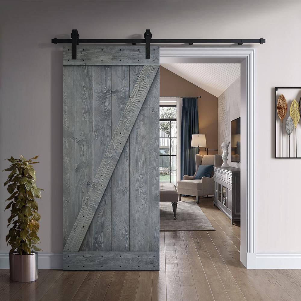 Gray Stained Knotty Pine Solid Wood Barn Door with Matte Black Hardware