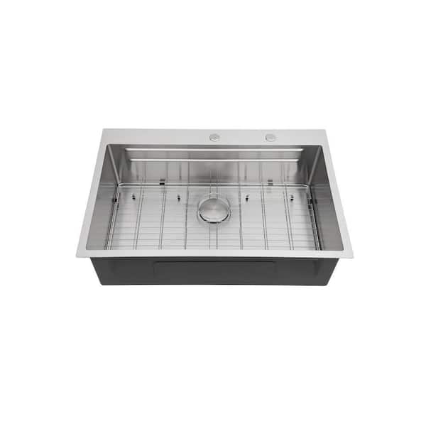 33 in. Drop-In Single Bowl 16-Gauge Brushed Nickel Stainless Steel Kitchen Sink with Strainer Basket and Bottom Girds