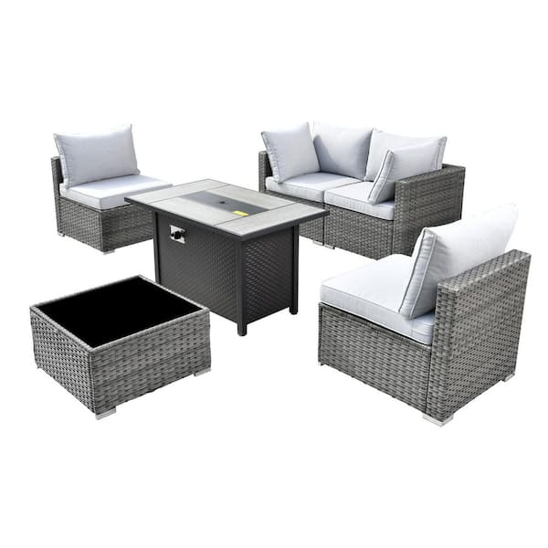 Sanibel Gray 6-Piece Wicker Outdoor Patio Conversation Sofa Sectional Set with a Metal Fire Pit and Light Gray Cushions