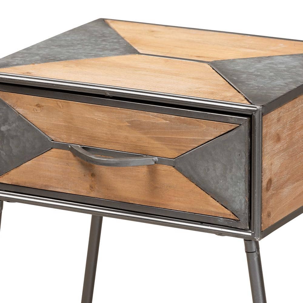 Antique Grey and Whitewashed Oak Industrial 1-Drawer Nightstand