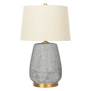 26 in. Gold Table Lamp Textured Stoneware with Accents and Linen Shade in Blue