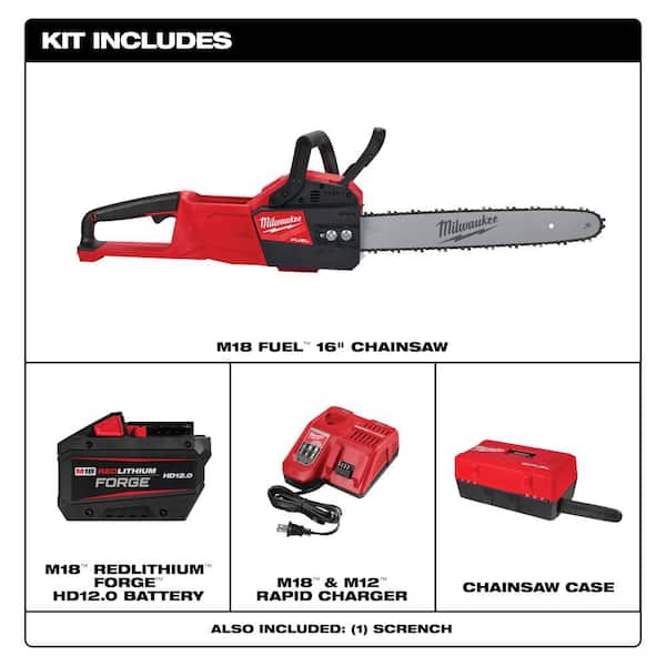 M18 FUEL 16 in. 18V Lithium-Ion Battery Brushless Cordless Chainsaw Kit w/12.0 Ah Battery, Charger, Chainsaw Case