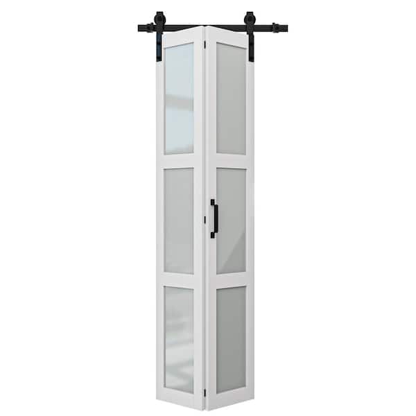 32 in. x 84 in. 3-Lite Tempered Frosted Glass White Finished Glass Bi-Fold Sliding Barn Door with Hardware Kit