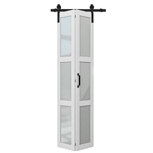 36 in. x 84 in. 3-Lite Tempered Frosted Glass White Finished Composite MDF Bi-Fold Sliding Barn Door with Hardware Kit