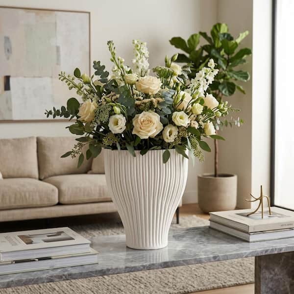 Liv & Skye 14 in. Ivory/Beige Ceramic Tapered Round Decorative Vase HD20075-02
