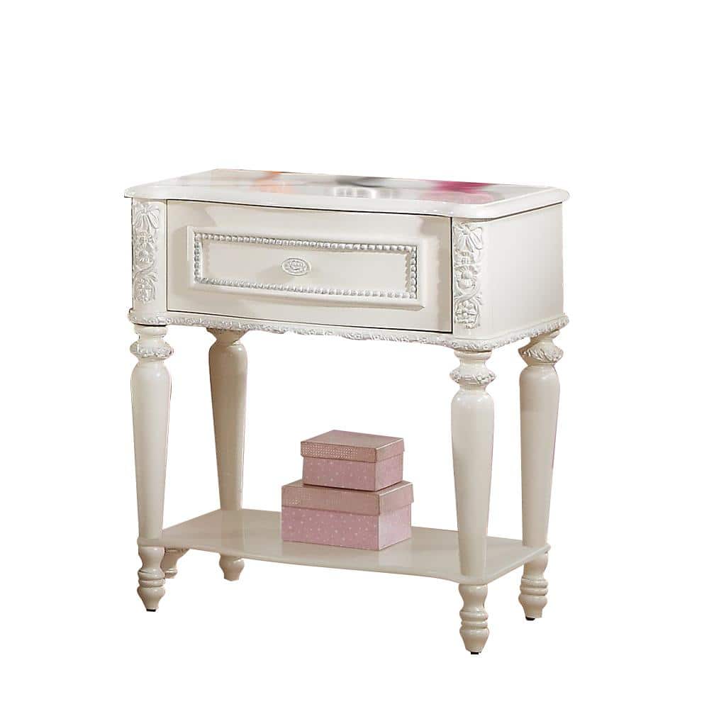 Ivory Floral Carved Wood 1-Drawer Nightstand