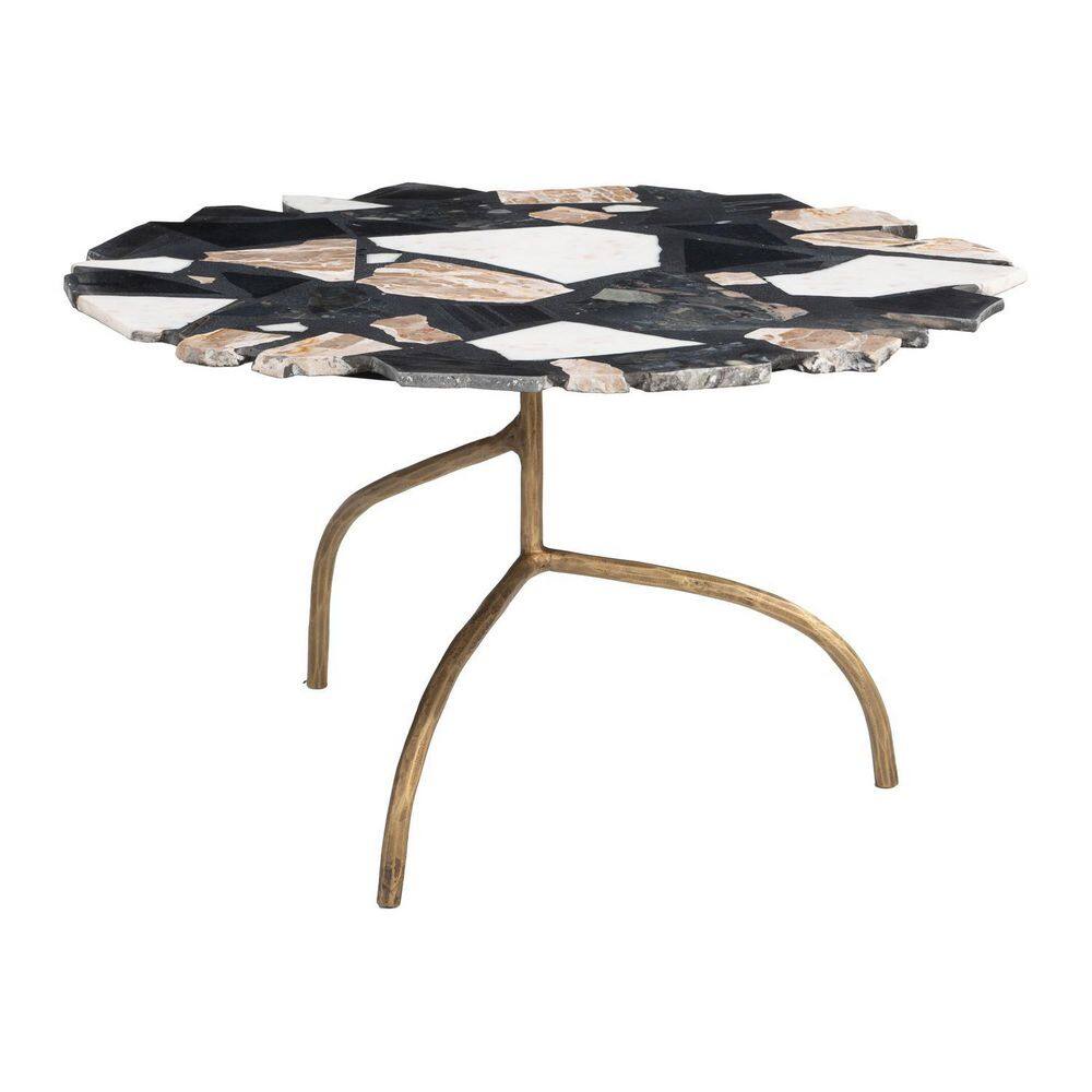 Round glass coffee table with multicolor top and metal frame.