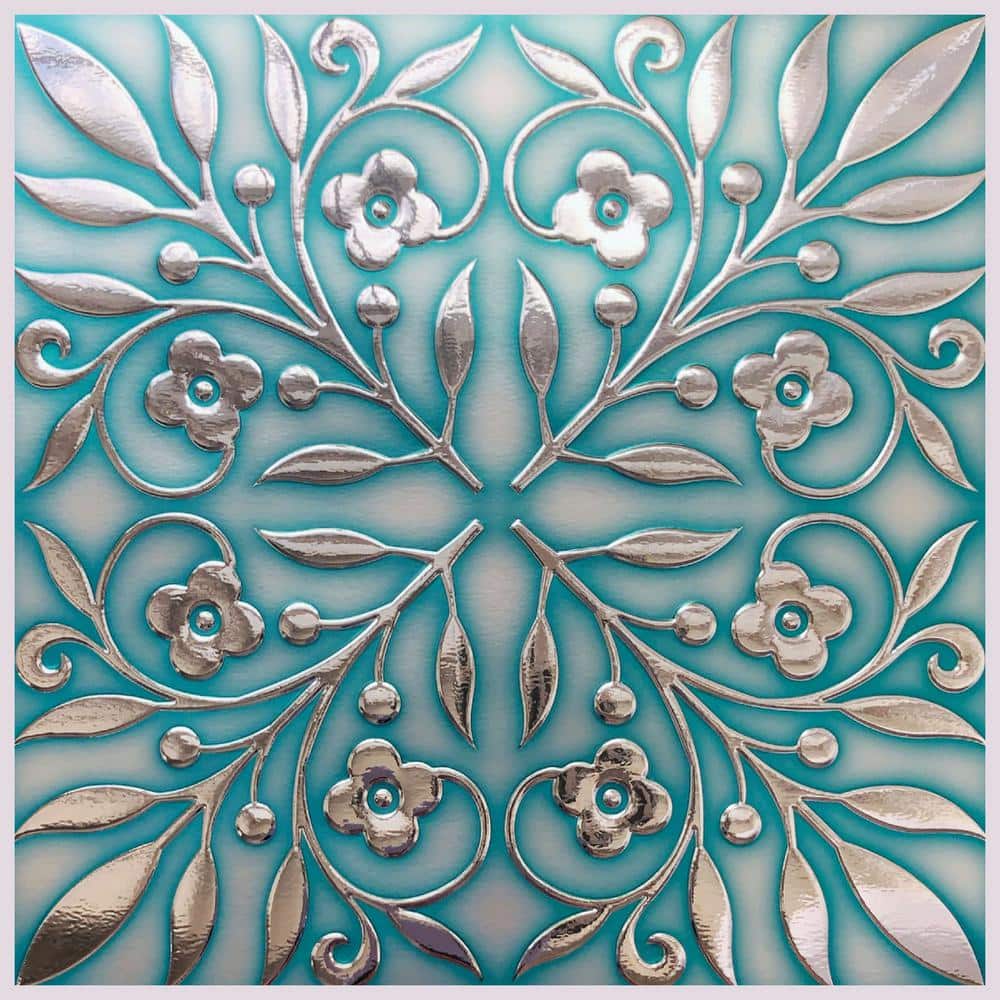8 in x 8 in Teal and Silver Leaves Foil Peel and Stick Paper Tile Backsplash (24-Pack)