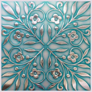 8 in x 8 in Teal and Silver Leaves Foil Peel and Stick Paper Tile Backsplash (24-Pack)