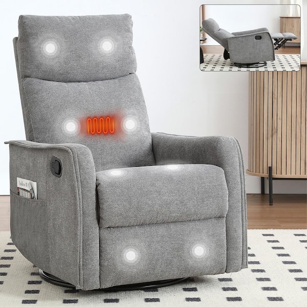 Clihome Grey Heat Massage Manual Recliner Chair with Rocker and Swivel in Fabric for Living Room